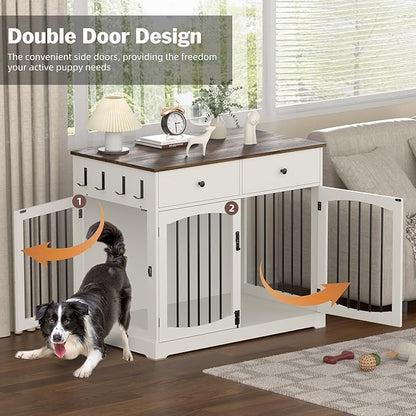 40 Inch Furniture-Style Dog Crate-Multipurpose Wood Pet Crate Furniture with Double Doors,2 Drawers, Decorative Dog House Indoor for Smal/Medium Dogs, White Finish