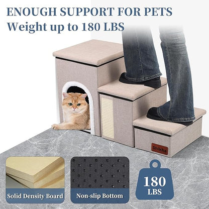 Dog Steps for Bed and Couch, 17”H Foldable Dog Stairs for Small Older Dogs Cats, Adjustable Pet Cat Stairs Ramps with Storage with Condo, Scratcher, Hold Up to 180LBS, Pet Cat Steps Beige