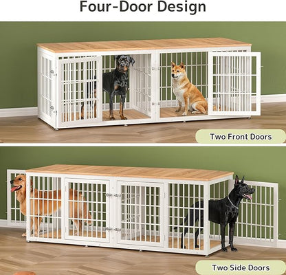 78 Inch Double Dog Crate Furniture, Heavy Duty Extra Large Cage Furniture with Divider for 2 Dogs, Decorative Wooden Kennel Furniture Indoor, Pet House for Large and Medium Dogs, White