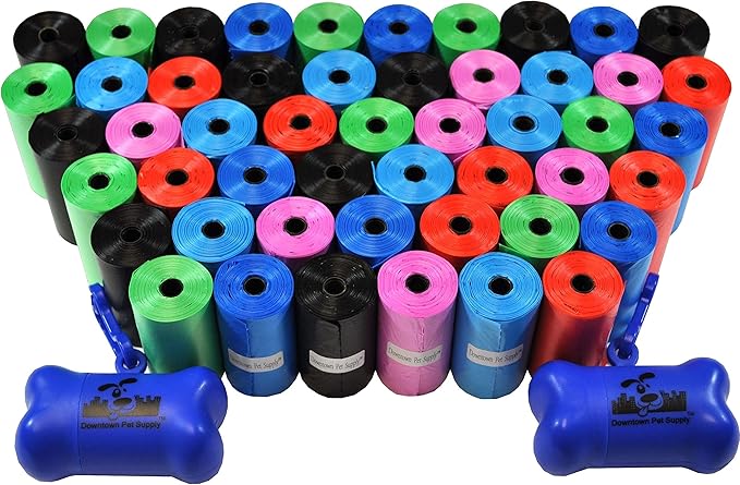 Downtown Pet Supply Dog Waste Bags (1000 CT - Rainbow Bags & 2 Dispensers) Clips to Dog Leashes & Harnesses - Poop Scoop Bags are Leak-Proof & Unscented