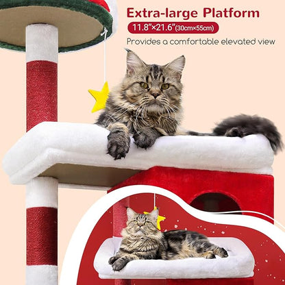 Globlazer Heavy Duty Cat Trees for Large Cats, Sturdy 72in Maine Coon Cat Tree for Large 20 lbs+ Heavy Duty Cat Tower for Adult Biggest Cats with 6 Scratching Posts, Hammock, S72, Red White Green