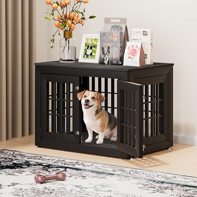 38" Heavy Duty Dog Crate Furniture for Small,Medium and Large Dogs,Rustic Wooden Dog Cage Kennel Indoor Furniture with Waterproof Top,Decorative Pet House Side End Table (Black & Grey)