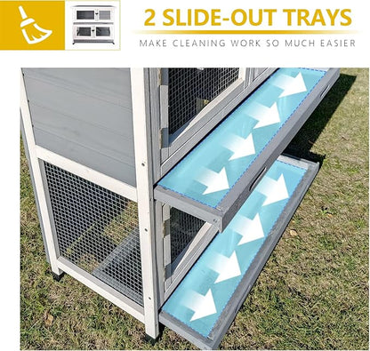 2 Story Solid Wood Rabbit/Bunny Hutch with 2 Large Main Rooms, Indoor Outdoor Rabbit House Guinea Pig Cage Pet House for Small Animals with Ventilation Door Removable Tray Waterproof Roof (Grey)