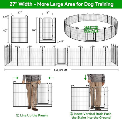 Dog Playpen Outdoor 24 Panels Heavy Duty Dog Fence 40" Height Anti-Rust with Doors Portable for RV Camping Yard, Total 54FT, 227 Sq.ft, Snowy Black