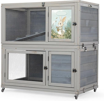 2-Story Wooden Rabbit Hutch for Outdoor & Indoor, Bunny Cage Rabbit House with Wheels, Trays, Ramp, Pet Home for Guinea Pigs, Chickens, Chicken Coop, Gray with Colorful Patterns