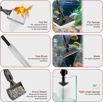 6 in 1 Aquarium Cleaning Tool Kit Fish Tank Algae Scraper, Sponge Pad, Fish Net, Gravel Rake and Cleaning Brush with Telescopic Long Handle
