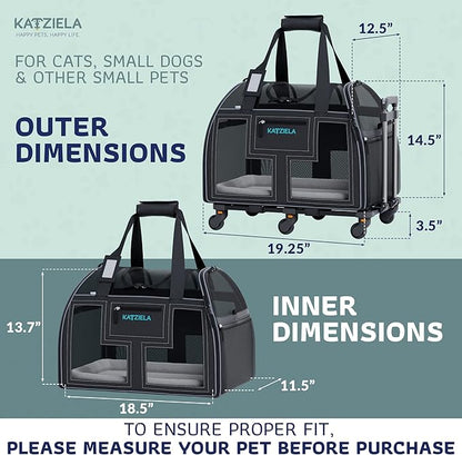 Airline Compliant Pet Carrier - Rolling Portable Travel Carry Crate for Small Dog, Puppy or Cat - Soft Removable Wheeled Design with Mesh Window Sides - Airplane and TSA Compliant- by Katziela