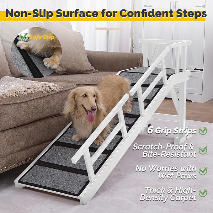 Dog Ramp for Bed or Couch, Wooden Pet Ramp with 20° Gentle Slope, Removable Side Rails, Non-Slip Surface, Top Platform & Wheels, Safe Bed Ramp for Small, Medium & Senior Dogs, 60" Long, White