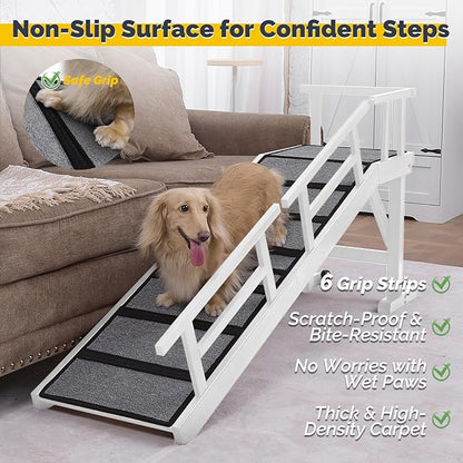 Dog Ramp for Bed or Couch, Wooden Pet Ramp with 20° Gentle Slope, Removable Side Rails, Non-Slip Surface, Top Platform & Wheels, Safe Bed Ramp for Small, Medium & Senior Dogs, 60" Long, White