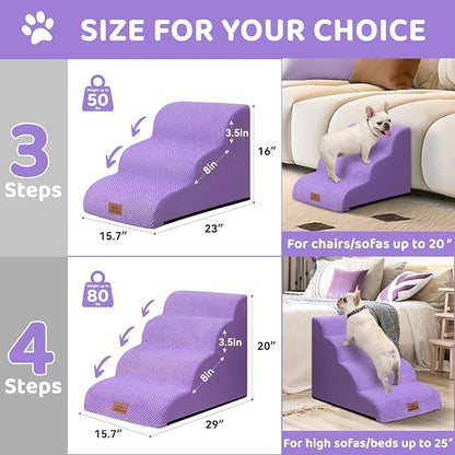 Dog Ramp and Stair for Bed 16" H-20 H,3-Step Cat Stair for Sofa and Chair,4-Step Dog Ramp for High Bed and Window,Durable Nonslip Fabric Stair for Indoor (Purple-16 H, Pet Friendly, 3)