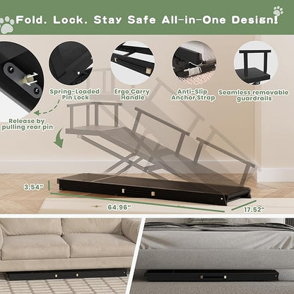 6 Level Height Adjustable Dog Ramp for Bed, Couch 65" Foldable Pet Ramp with Non-Slip Mat，DIY Glow Strips & Rest Platform Heavy Duty Dog Stairs for Large Dogs up to 200Lbs ，Black