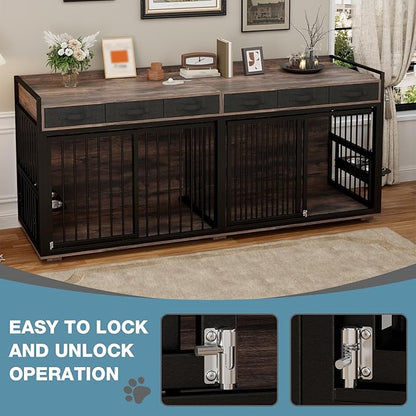 86.6Inch Large Double Dog Crate Furniture,Heavy Duty Metal Frame Dog Crate Kennel with Adjustable Feeder Bowls and Removable Divider&Drawers,Chew-Resistant Dog Kennel for 2 Dogs Indoor
