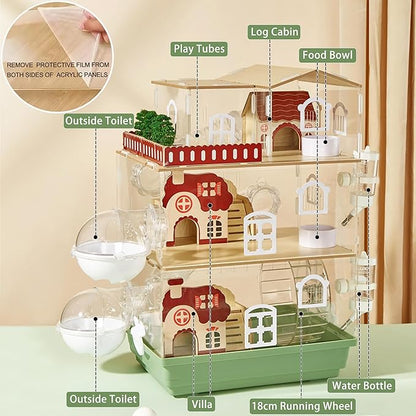 17 in 1 Clear Acrylic Hamster Cage with All Accessories,13.5''L* 10''W* 21''H Dwarf Hamster Cage,Magnetic Connection Small Hamster Enclosure,Garden Style Wooden Pet Mouse Cage for Pet Mice(3-Layer)