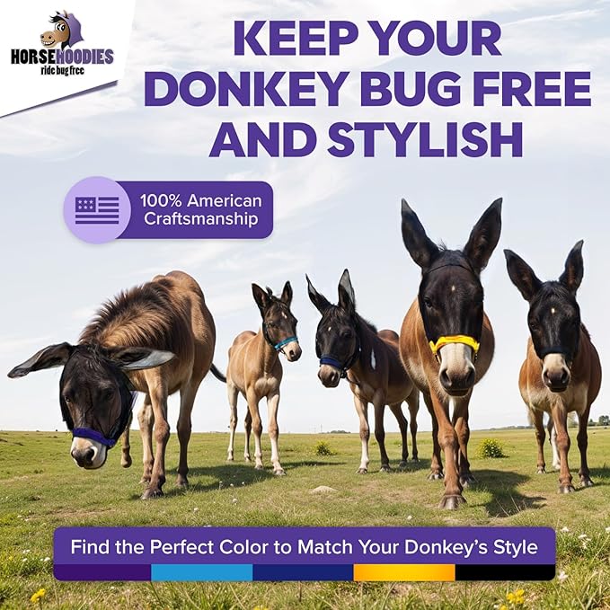 Donkey Fly Mask with Long Ears (Purple) Half Hoodie for Standard Donkey, Made in USA - Mule Fly Mask with Ears Protection from Insects and Bugs, Face Cover Soft Mesh Fabric with Adjustable Fastener