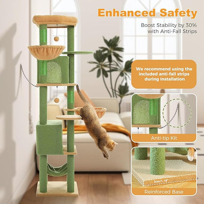 71.2" Large Cat Tree for Multi-Cat Households - 9-Level Cat Tower w/5 Sisal Scratching Posts, 2 Condos, Soft Hammock, Top Perch & Pom Poms - Heavy-Duty Space-Saving Design, Cactus Green
