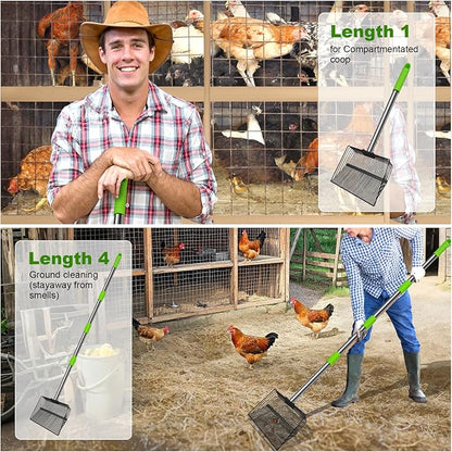 12inch Large Chicken Poop Scooper，2 Widths of Slots Litter Sifting Shovel （23 to 66"），Chicken Coop Litter Scoop with Stainless Steel Handle, 4 in 1 Multifunctional Heavy Duty Chicken Coop Accessories