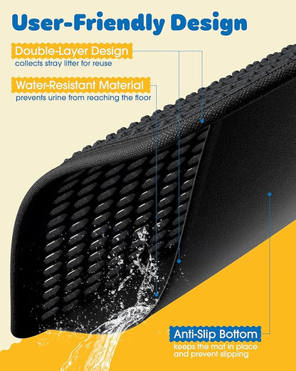 35" x 30" Cat Litter Mat - Ultra-Large Litter Box Mat with Double Layers, Urine-Proof and Non-Slip Litter Trapping Mat, Easy to Clean Kitty Litter Mats for Floor, Scatter Control, Black