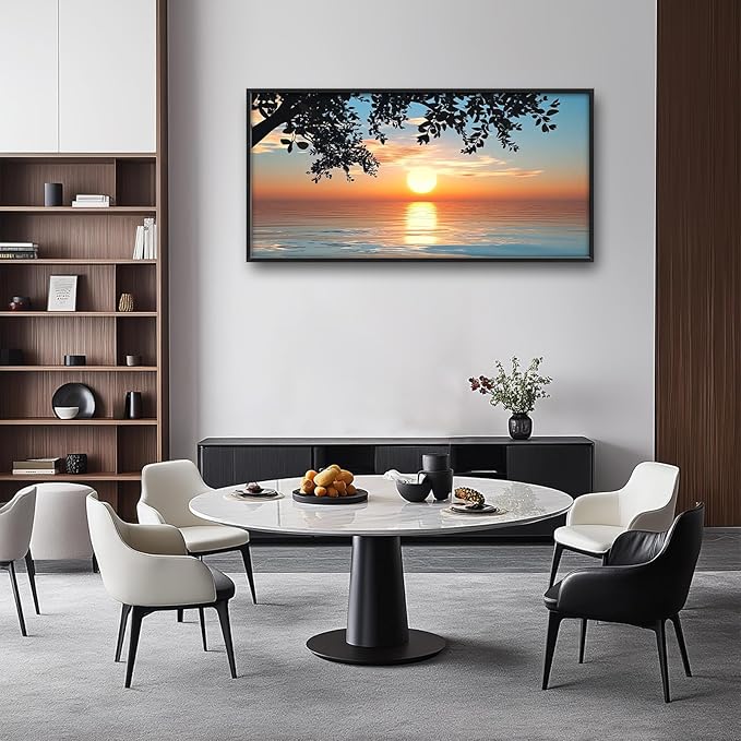 Framed Large Lake Sunset Wall Art, Oversized Natural Landscape Wall Decor for Living Room, Tree Leaves Canvas Painting Pictures Home Decoration for Living Room Bedroom Office 60"x30"