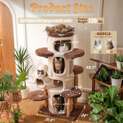 70'' Luxury Heavy Duty Cat Tree for Indoor Cats Adults,Treehouse Theme Large Cat Tower for Home Decoration,Multi-Level Modern Maine Coon Condo with 3*Wood Scratching Post,Perch,Huge House for Multicat