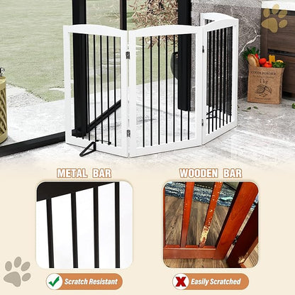 Freestanding Pet Gate - Foldable Wooden Dog Gate, 80 Inch Wide, 4 Panels, White