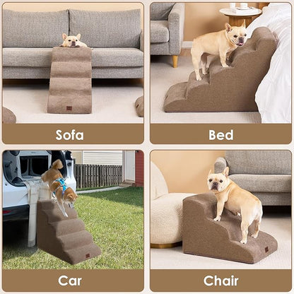 EHEYCIGA Curved Dog Stairs Ramp for Small Dogs 15.7" H, 3-Step Dog Steps for Couch Sofa and Chair, Pet Stairs for Cats, Non-Slip Balanced Pet Steps Indoor, Camel