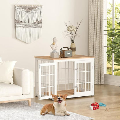 32 Inch Heavy Duty Dog Crate Furniture for Medium and Small Dogs, Decorative Pet House End Table, Wooden Cage Kennel Furniture Indoor, Natural and White