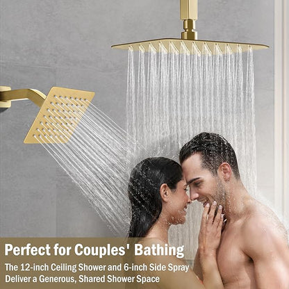 12 Inch Rain Shower System, Brushed Gold Shower Faucet Set with Push Button Diverter, 6 Inch Wall Mounted 3-Functions Bathroom Shower Systems with Dual-Function Handheld