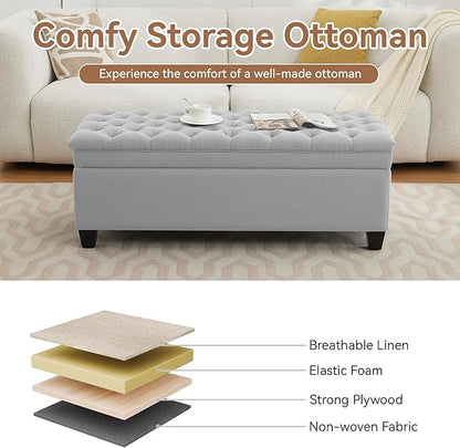 51" Fabric Storage Ottoman Bench, Upholstered Rectangle End of Bed Storage Ottoman Tufted Living Room Bedroom Bench with Safety Hinge, Solid Wood Legs, Loads 500 lb(Light Grey)