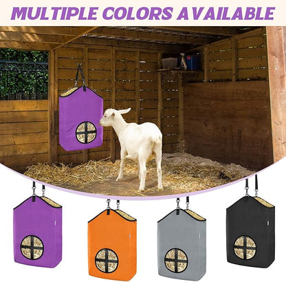 3 PCS Goat Hay Feeder,Hay Bags for Horses,Goats,Donkeys with Reinforced Oxford Fabric and High Strength Metal Clasp,Horse Feeding Supplies with Adjustable Strap for Easy Hanging(2Purple+1Orange)
