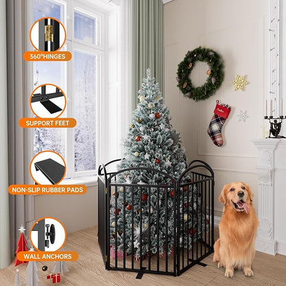 6 Panles Full Matel Freestanding Dog Gates with Door, 144"Extra Wide 32"Tall Free Standing Dog Pet Gate for Indoor & Outdoor. Foldable Pet Fences for Doorways, House, Stairs, Porch, Deck, Yard