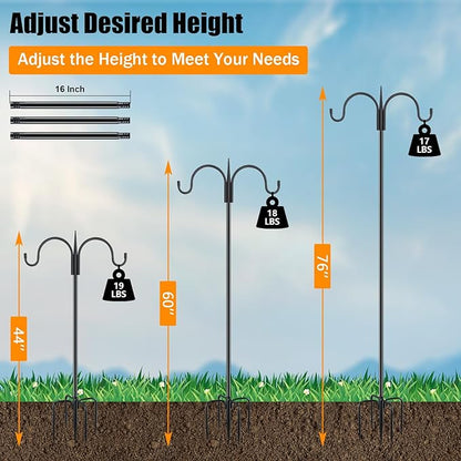 FEED GARDEN Adjustable Double Shepherds Hook for Outdoor with 5 Prong Base 76 Inch Heavy Duty Two Sided Bird Feeder Pole for Hanging Plant Baskets, Solar Light Lanterns, Wind Chimes 2 Pack