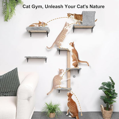 FUKUMARU Cat Wall Shelves, Stable & Safe 4 in 1 Cat Furniture Set, Wooden Climbing Wall with Scratching Post for 16 Inch Drywall - Light Gray