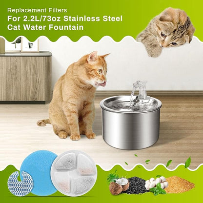 5 Set Cat Water Fountain Filter Replacement for Round 2L/67oz Stainless Steel Cat Fountain, ZEKIRY Pet Fountain Filter, Triple Filtration Replacement Filters(5 Filter, 5 Sponge, 5 8D Sponge)