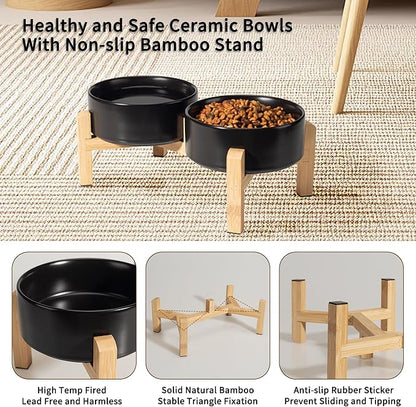 Elevated Ceramic Dog Bowl Set - Raised Feeding Bowls with Non-Slip Bamboo Stand - Small Pet Dishes for Food and Water - Ideal for Cats and Puppies - 16.23 OZ - 2 Cups - 480 ML