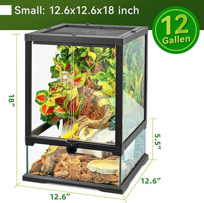 18x12x12 12 Gallon Glass Reptile Tank Front Opening Terrarium Suitable for Leopard Geckos, Snakes Tree Frogs Chameleons Watertight Base, Ventilated Metal Mesh Top, Pre-Drilled Cable Holes