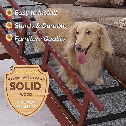 Dog Ramp for Bed or Couch, Wooden Pet Ramp with 20° Gentle Slope, Removable Side Rails, Non-Slip Surface, Top Platform & Wheels, Safe Bed Ramp for Small, Medium & Senior Dogs, 60" Long, Mahogany