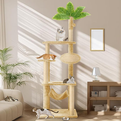 55 Inch Large Cat Tree Tower for Indoor Cats with Hammock Green Leaves Sisal Scratching Post, Plush Hang Ball Play Furniture for Kittens & Adult Cats, New Beige
