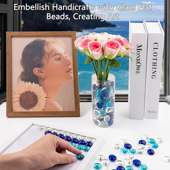 1LB Mixed Blue Glass Marbles, Transparent and Smooth Flat Glass Beads for Vases, Mosaic Gem Pebbles for Aquarium Decor, Floral Arrangements, Mancala Stones, Vase Filler and Crafts (Approx. 80-100 PCS)