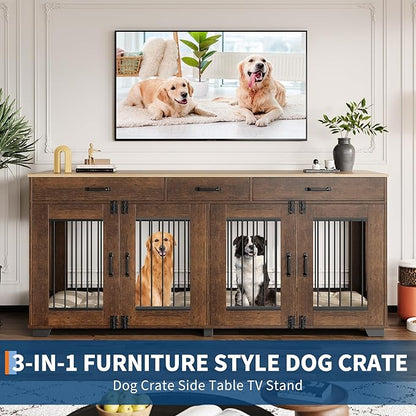 71 Inch Dog Crate Furniture for 2 Rooms, Wooden Double Crate Large Breed with Door, Dog Kennel Indoor, TV Stand End Table with Divider for Large Medium Dogs,Brown