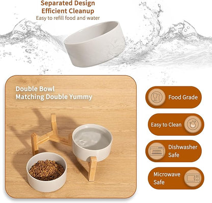 Elevated Ceramic Dog Bowl Set - Raised Dog Bowls with Non-Slip Bamboo Stand - Dog Food and Water Bowl Set - Double Dog Feeding Bowls - Suitable for Small and Medium Dogs - 28.74 OZ - 3.6 CUPS - 850 ML