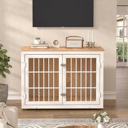 38" Heavy Duty Dog Crate Furniture for Large and Medium Dogs,Wooden Metal Kennel for High Anxiety Dogs, Chew Proof Pet Cage Indoor, Decorative Dog Kennel End Table, White