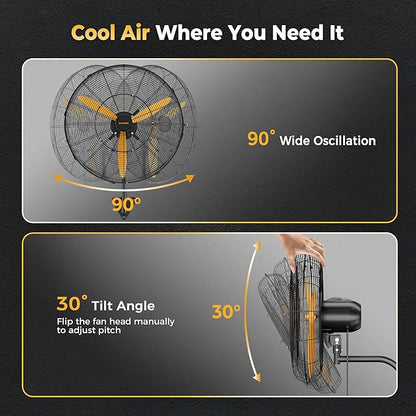 24 Inch Oscillating Misting Wall Mount Fan, Extra Long 3.9ft Wired Remote and 9.8ft Power Cord, IP44 Industrial Commercial Wall Mounted Fan for Greenhouse, Garage, Workshop, Covered Patio