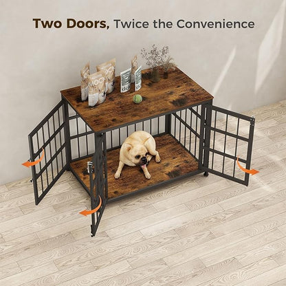 32 Inch Heavy Duty Wooden Dog Kennel End Table with Double Door Design and Secure Locks, Indoor Pet Crate Furniture for Medium Dogs, Decorative Home Cage Design,Aged Black