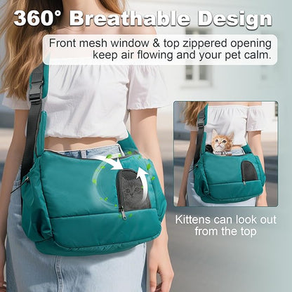 Dog Sling Carrier for Small Pets, Hands-Free Cat Carrier Pouch up to 8.8 lb, Cat Sling with Safety Strap and Pockets, Ideal for Travel and Daily Use, Peacock Blue