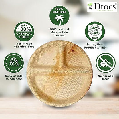 Dtocs 3 Compartment Plates (50 Pc) Palm Leaf 10 Inch Round Portion Control Buffet Sectional Plate | Bamboo Plates Disposable Like Compostable Camping Dinnerware Stronger than Divided Paper, Styrofoam