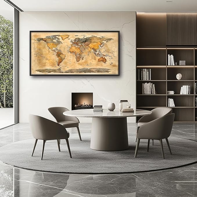 Extra Large World Map Framed Wall Art for Living Room,Oversized Vintage Map of The World Pictures Wall Decor,Canvas Print Painting Modern Artwork Bedroom Office Bathroom 60L" x 30W"