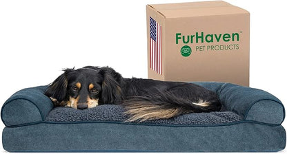 Furhaven Pillow Dog Bed for Medium/Small Dogs w/ Removable Bolsters & Washable Cover - Sherpa & Chenille Sofa - Orion Blue, Medium