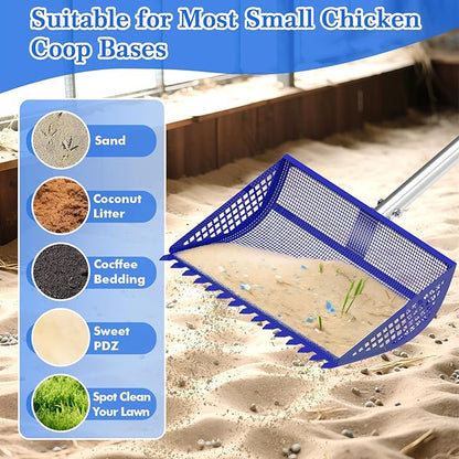 12 Inch Chicken Poop Scooper & Rake 2-in-1, Large Metal Shovel Head, Rubber Handle Stainless Steel Chicken Litter Scoop for Chicken Coops, Litter Screening Scoop (35 to 65in) US Patent Pending (Blue)