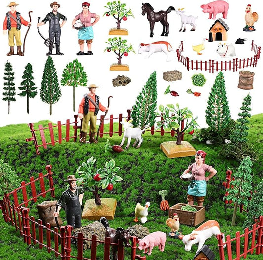 27 Pcs Farm Toys Set, 3 Little Farmer Figurines 9 Plastic Animals Figurines 10 Feed Food Fence Playset 4 Model Trees 1 Moss Mat Animal Farm Toys for Educational School Project Gift