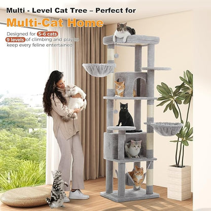 71.2" Tall Cat Tree for Indoor Cats - 9-Level Multi-Cat Tower w/5 Sisal Scratching Posts, 2 Condos, 3 Hammocks, Perch & Pom Poms - Heavy-Duty for Adult Cats, Space-Saving Plush Gray